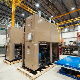 Transom heat pumps during manufacturing assembly